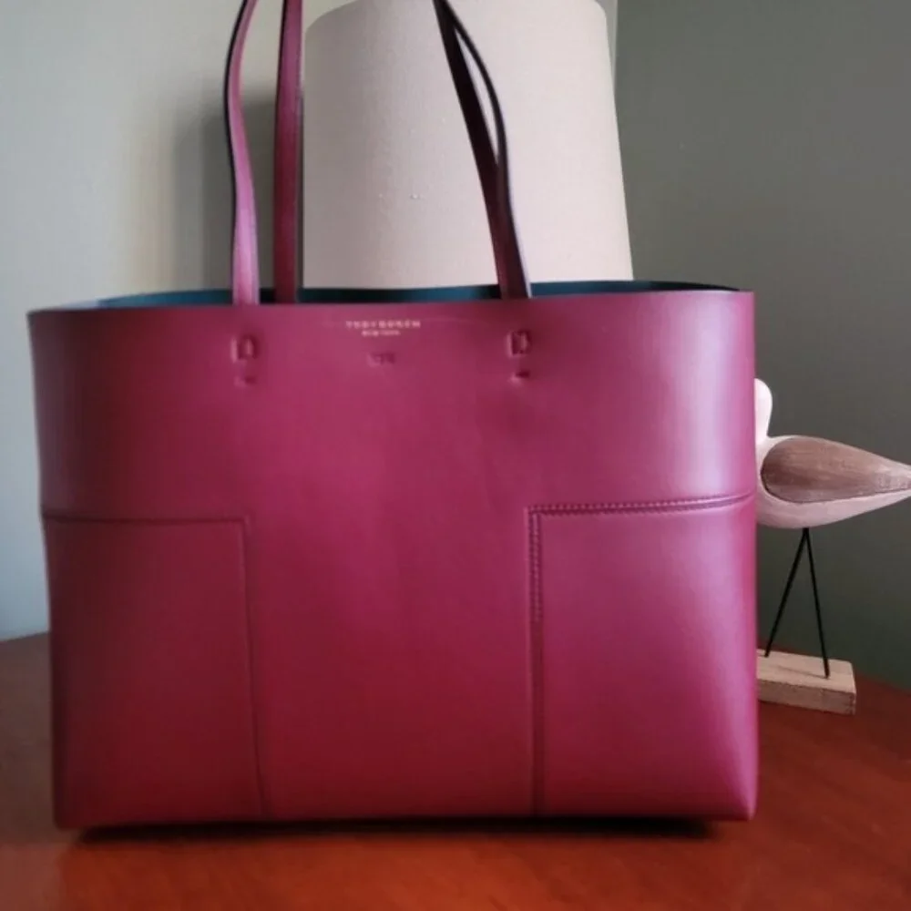 Tory Burch Block-T Tote Burgundy Leather Shopper Tote Bag - Picture 2 of 16